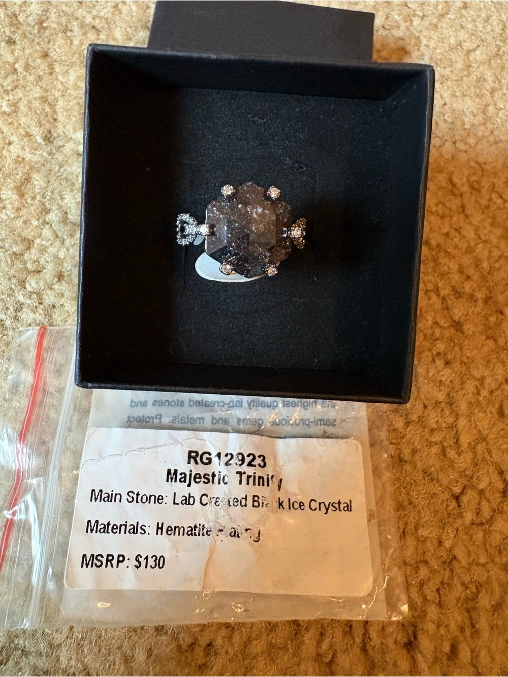 Majestic Black Ice Crystal Ring with Silver-Tone Accents